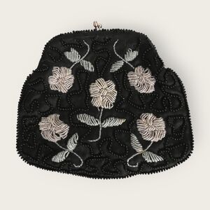 1960s Black Beaded Floral Clutch